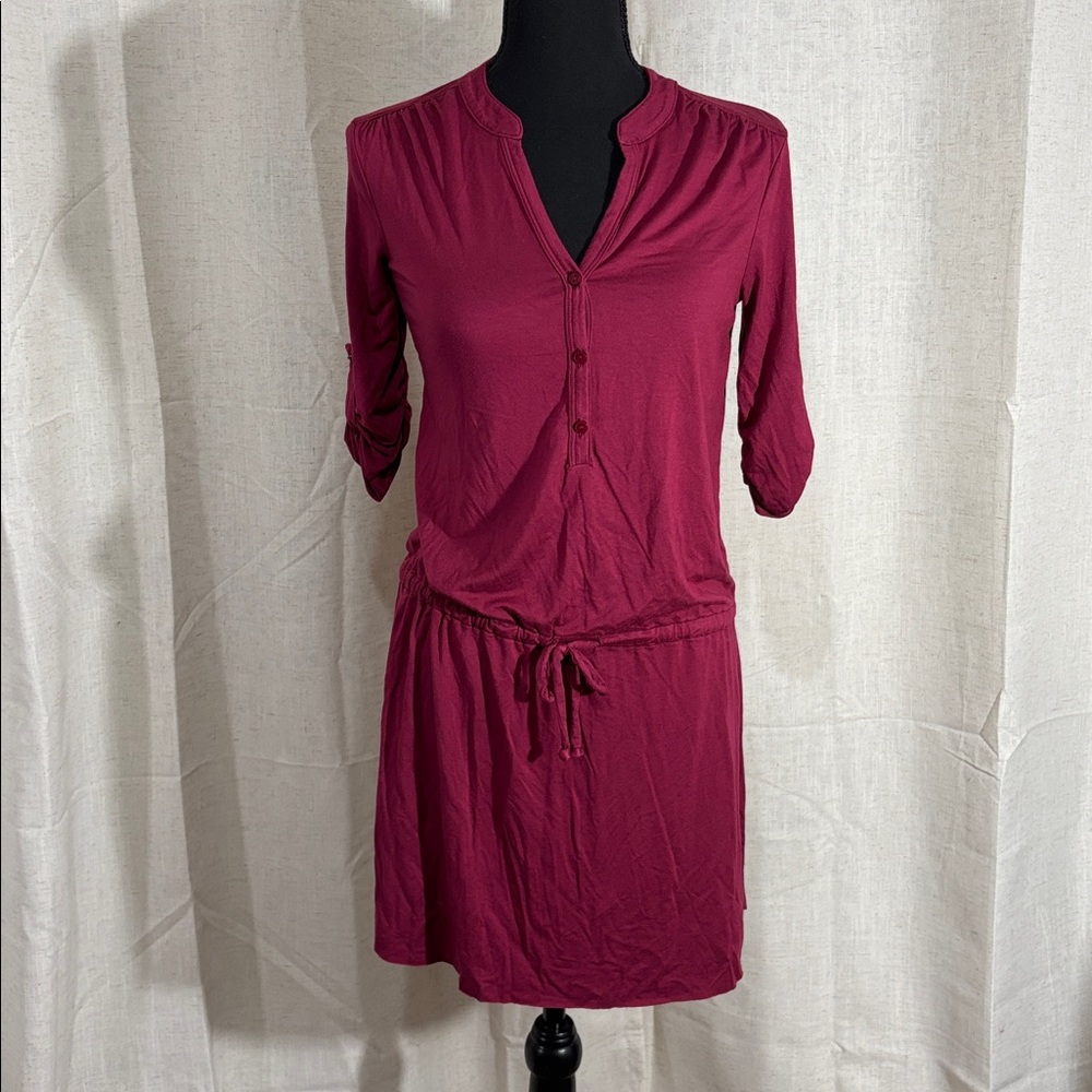 Three Dots Burgundy Button-Front Drawstring Dress